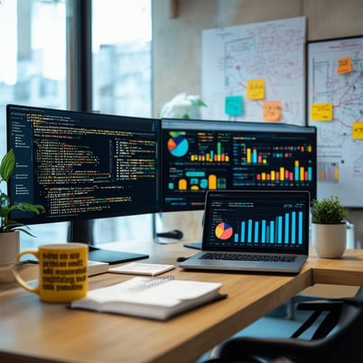 A modern office setting with a large desk cluttered with dual monitors displaying colorful data visualizations and financial graphs